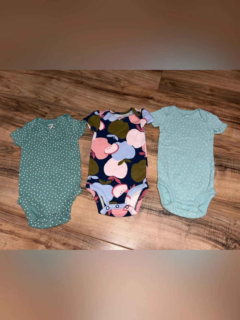 Carters 3 Piece Body Suit Bundle Blue Green Apples Polka Dots 6M Girls